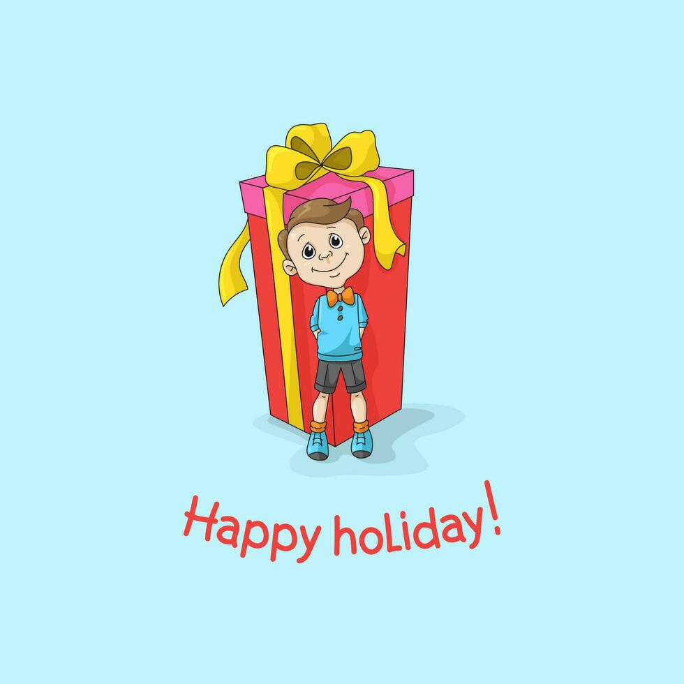 Boy with a big gift. Congratulations on the holiday. Vector cartoon illustration