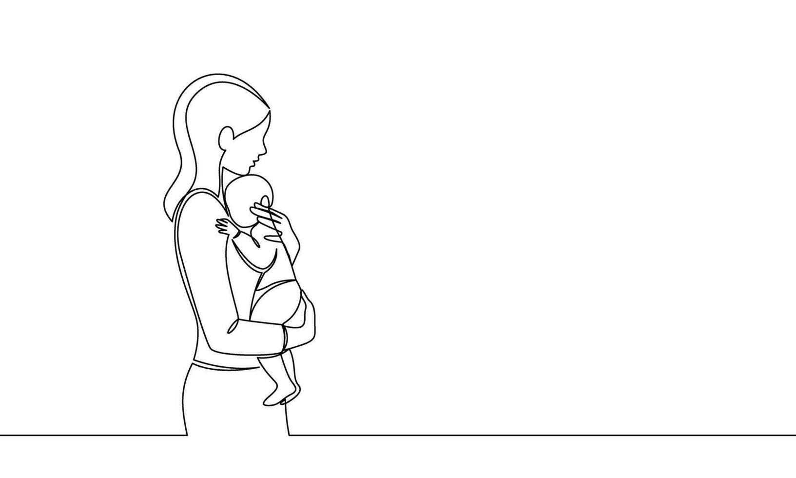 A woman holds a baby in her arms. Mom and child. Continuous line. Happy Mother's Day. One line vector illustration