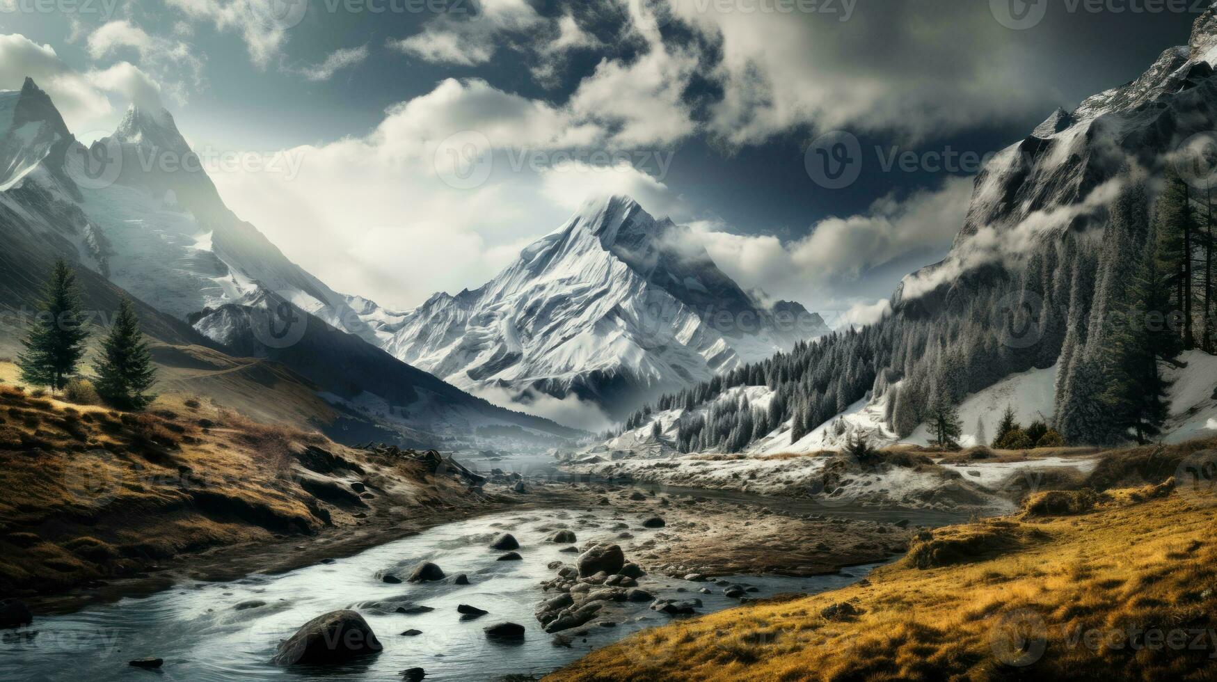 fantástico invierno paisaje con montaña río y nevadas picos foto