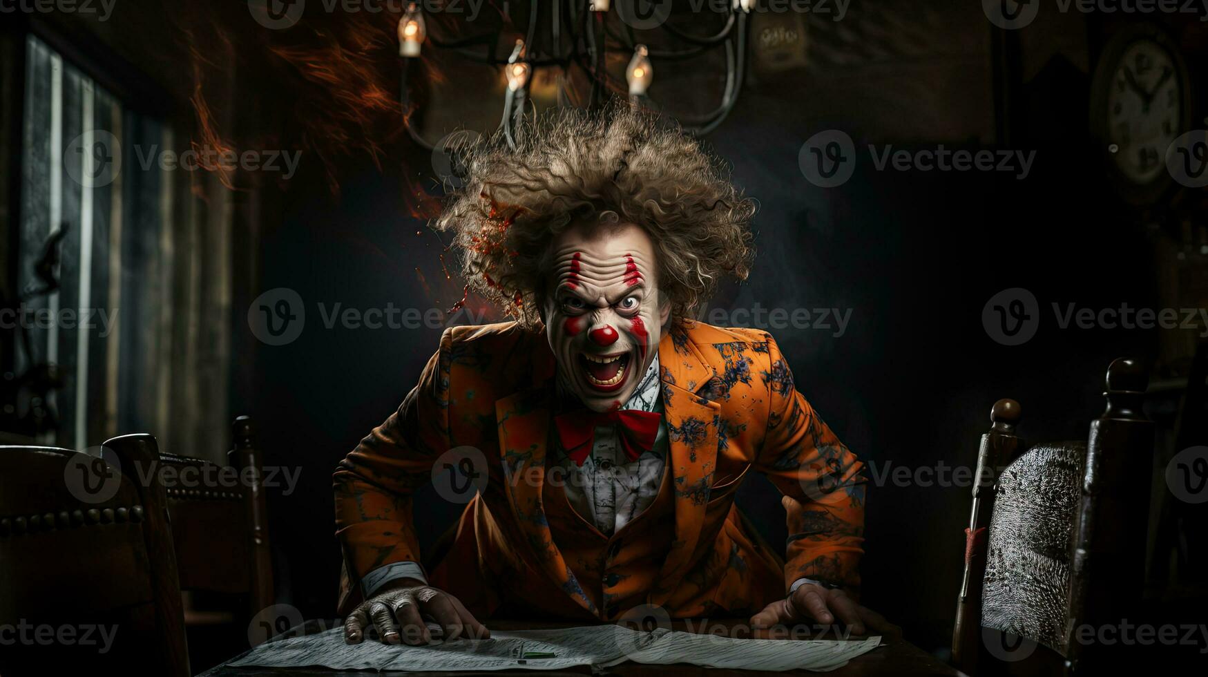 Portrait of a scary clown sitting at the table in a dark room. photo