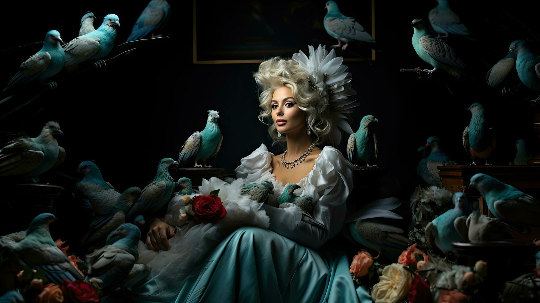 Beautiful young woman in medieval era dress sitting on a sofa surrounded by birds. photo