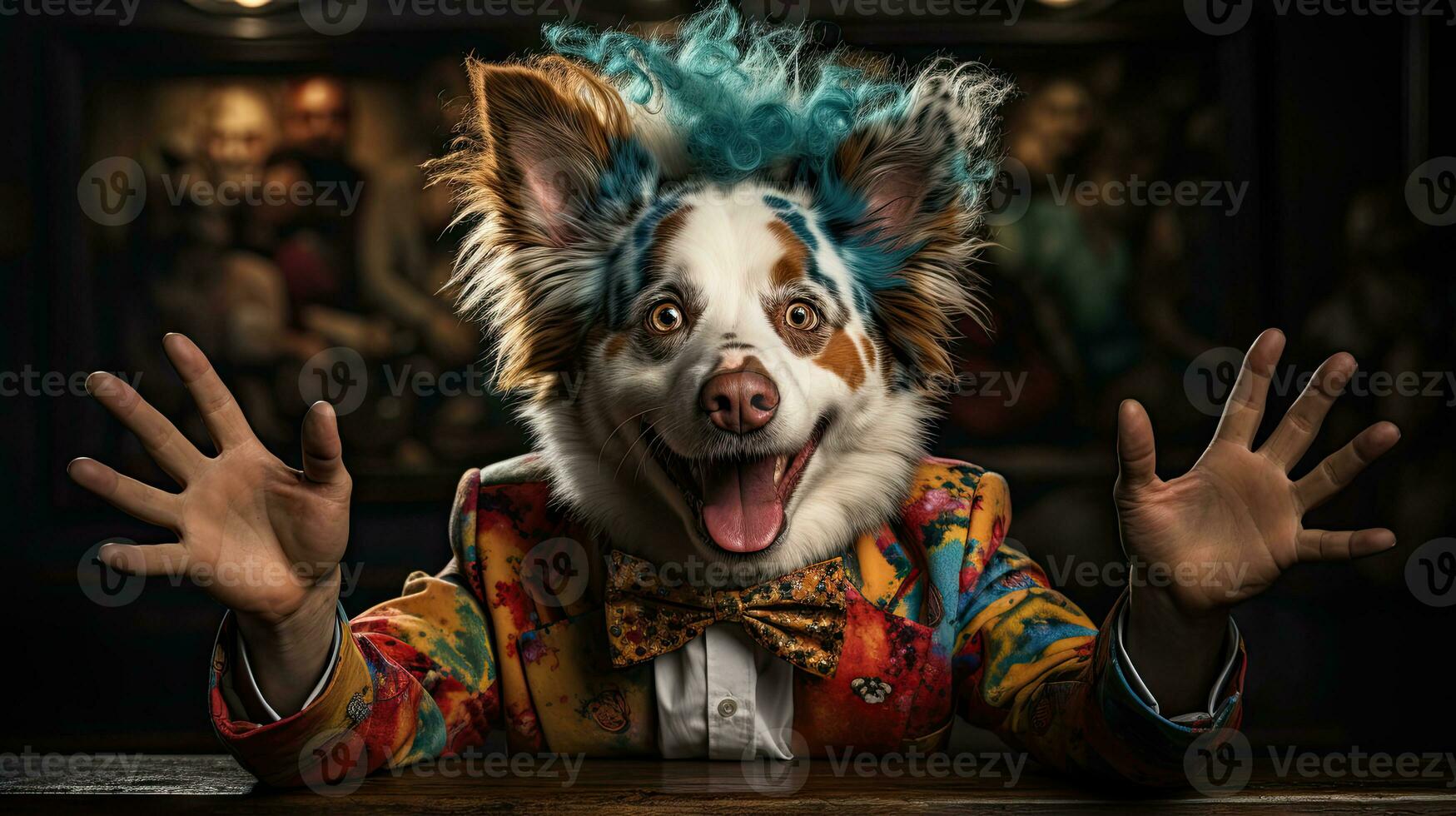 Funny dog man with blue hair in a colorful jacket. Mixed comic circus scene. photo