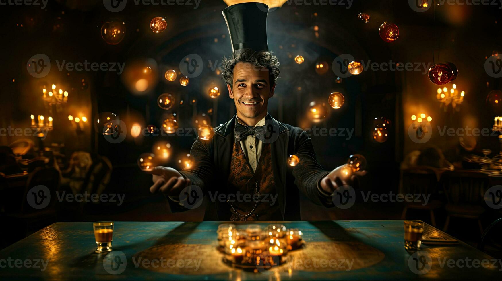 Handsome magician man playing and performing in table. photo