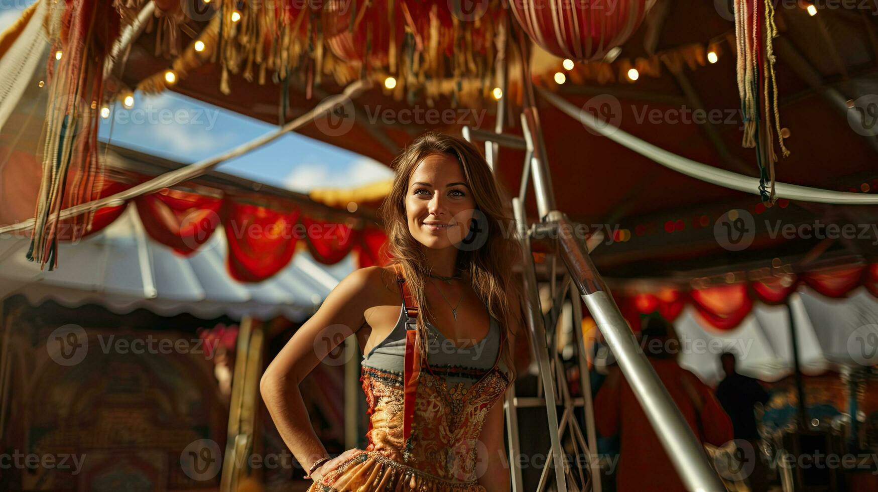 Beautiful girl with long hair posing on the background of carousel. photo