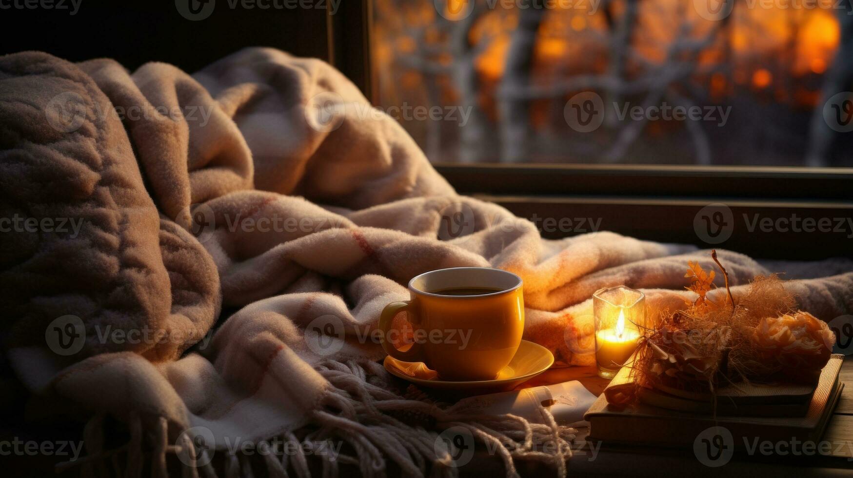 taza de café con libro, cobija y vela en ventana umbral a calentar invierno noche. foto