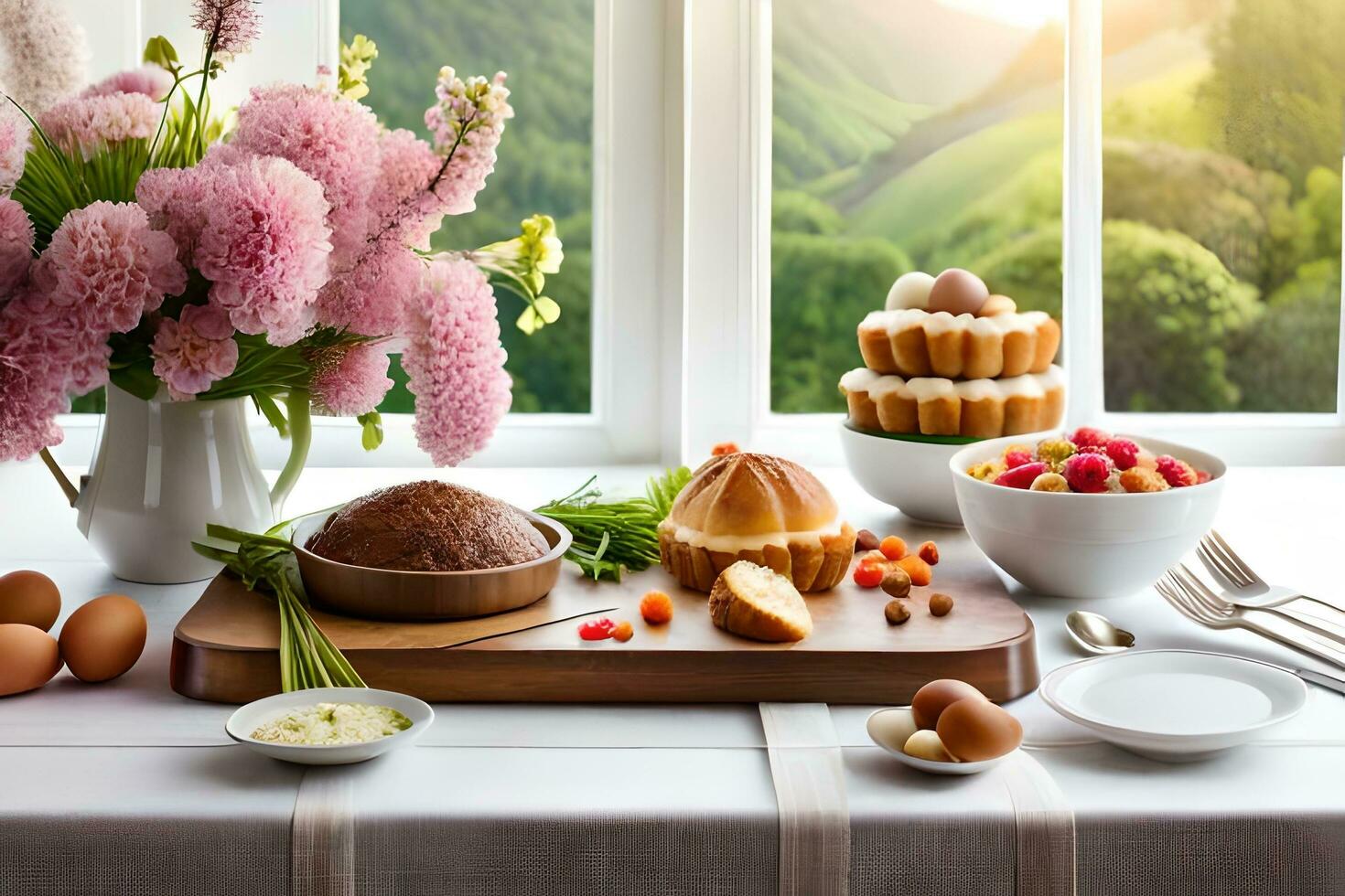 a table with a cake, eggs, and flowers. AI-Generated photo