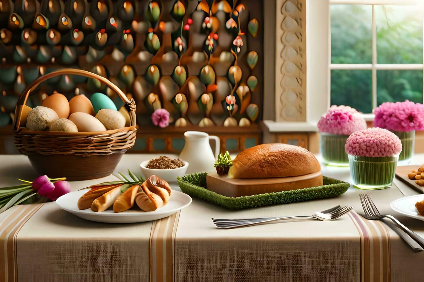 a table with a plate of eggs, bread and flowers. AI-Generated photo