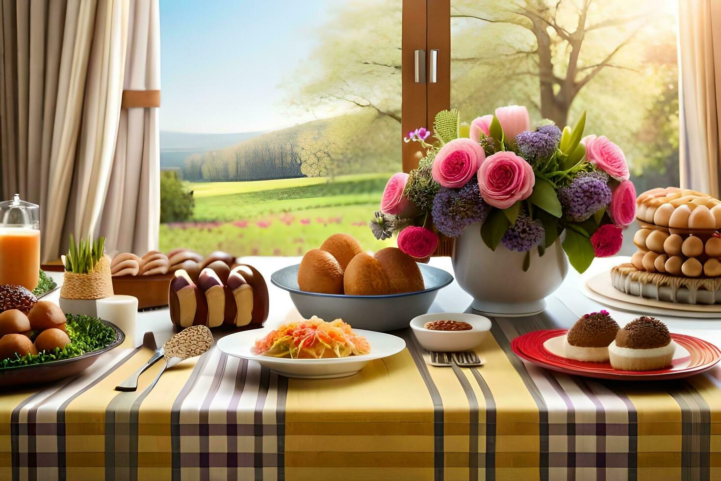 a table with food and flowers on it. AI-Generated photo