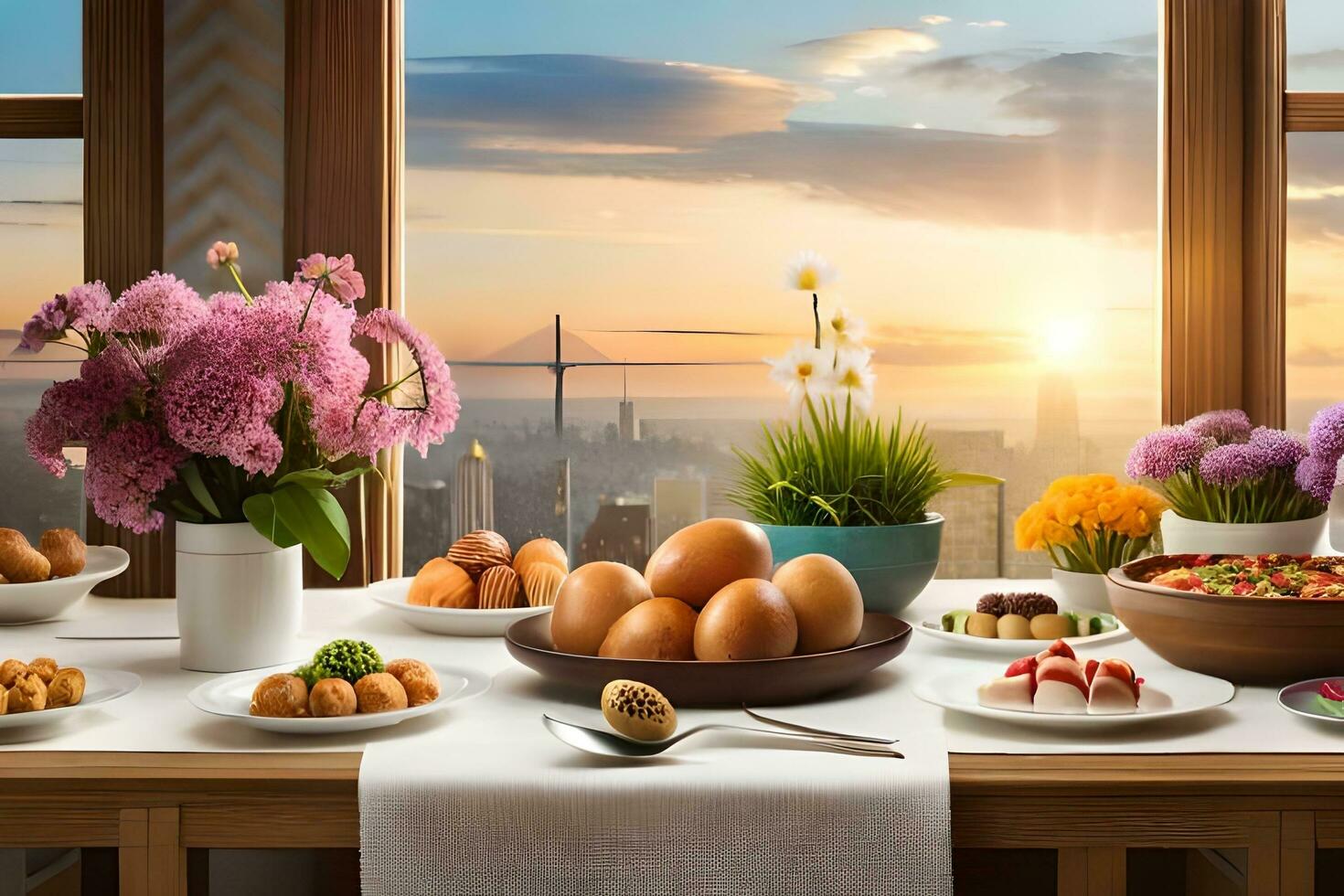 a table with food and flowers on it. AI-Generated photo