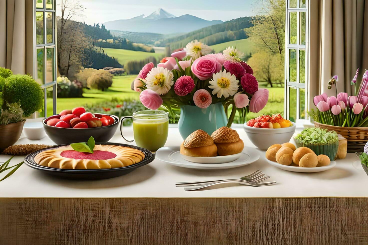 a table with food and flowers on it in front of a window. AI-Generated photo