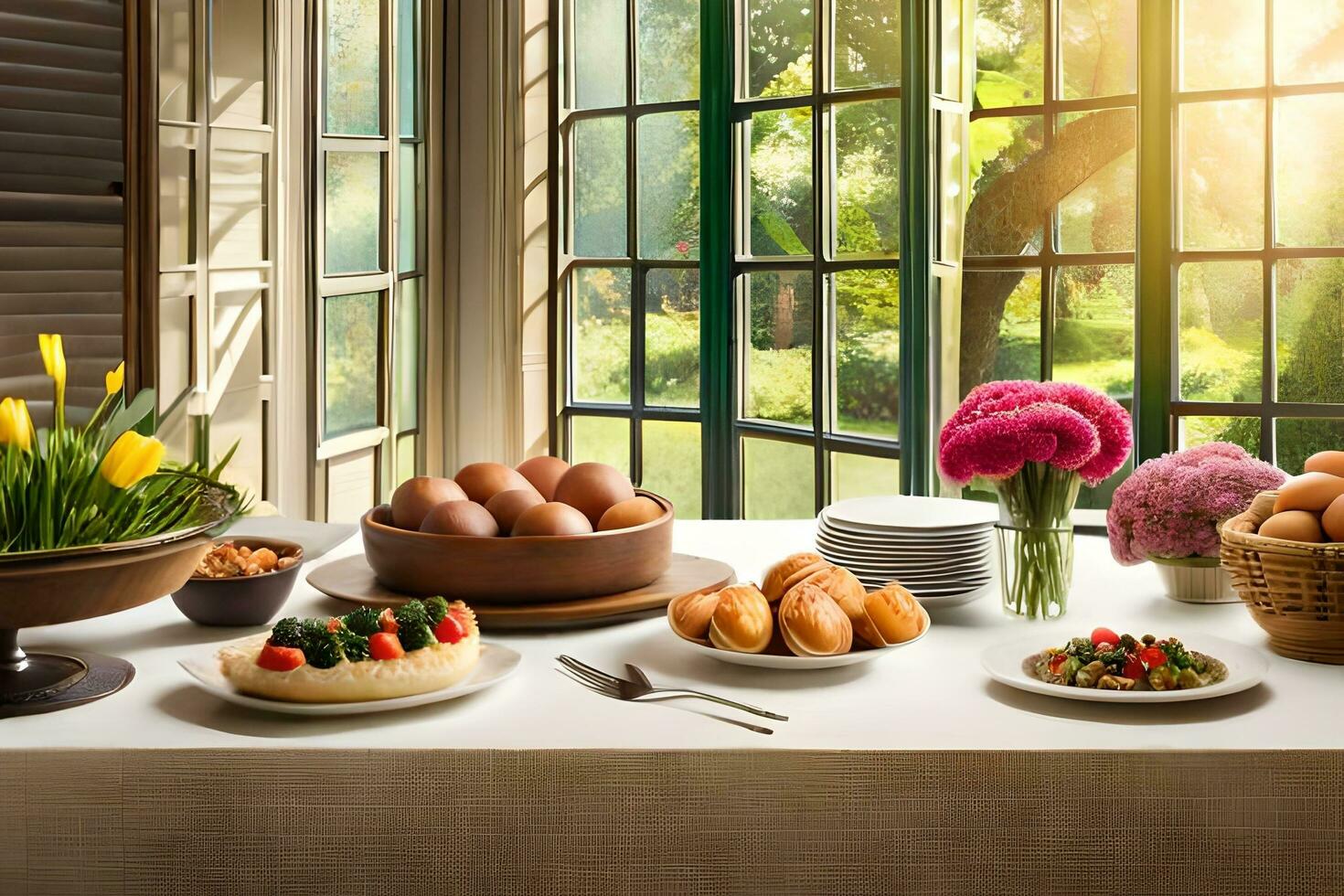 a table with food and flowers on it. AI-Generated photo