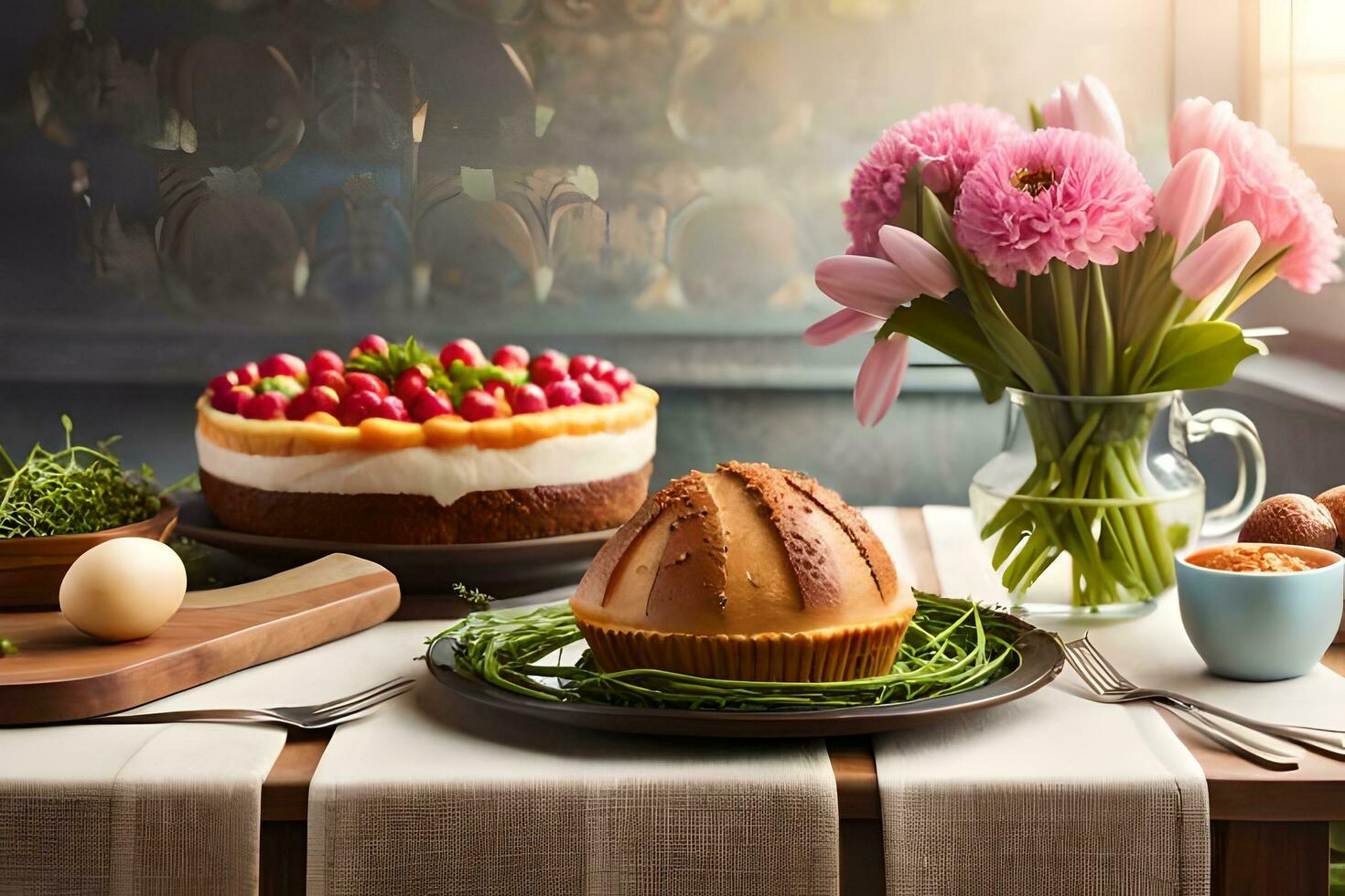 un mesa con un pastel, flores y otro alimento. generado por ai foto