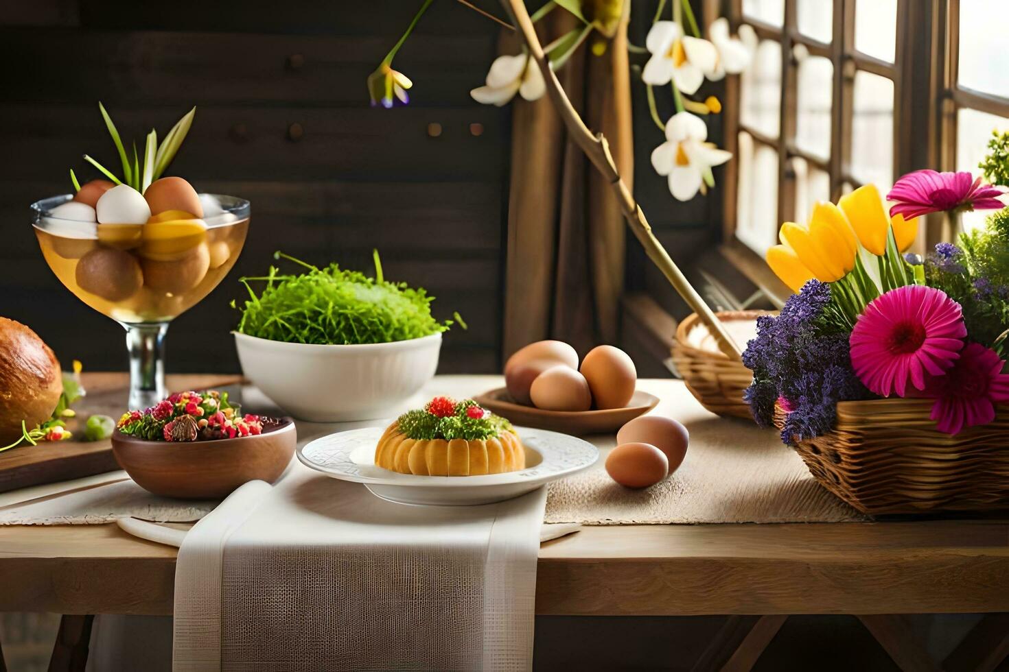 a table with flowers and eggs on it. AI-Generated photo