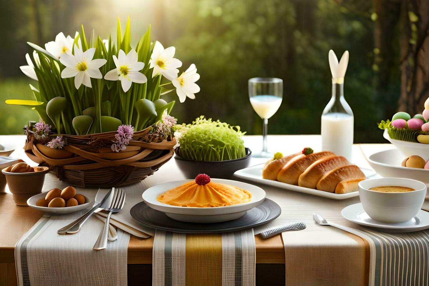 a table set for an easter dinner with eggs, bread and other food. AI-Generated photo