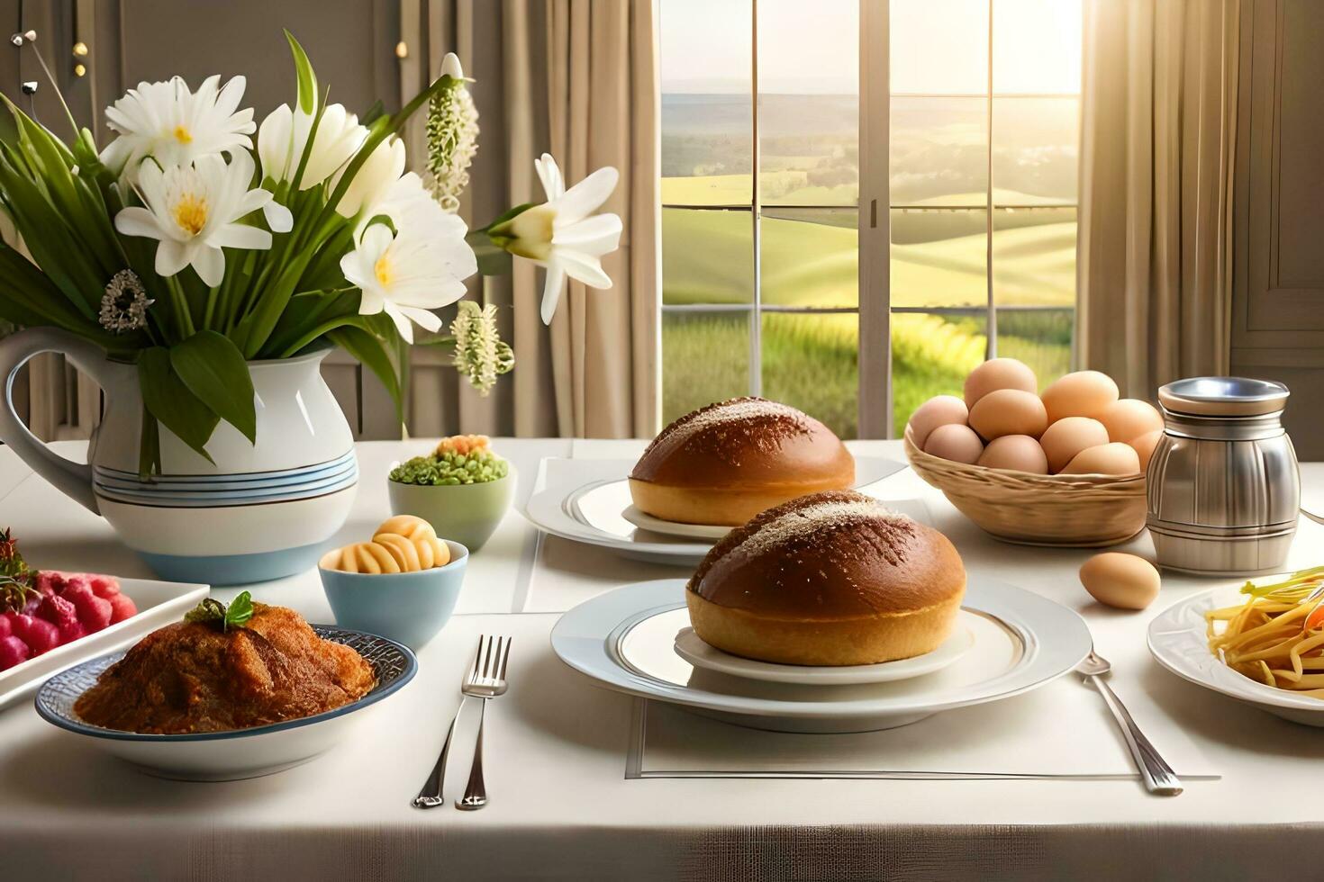 a table set with food and flowers. AI-Generated photo