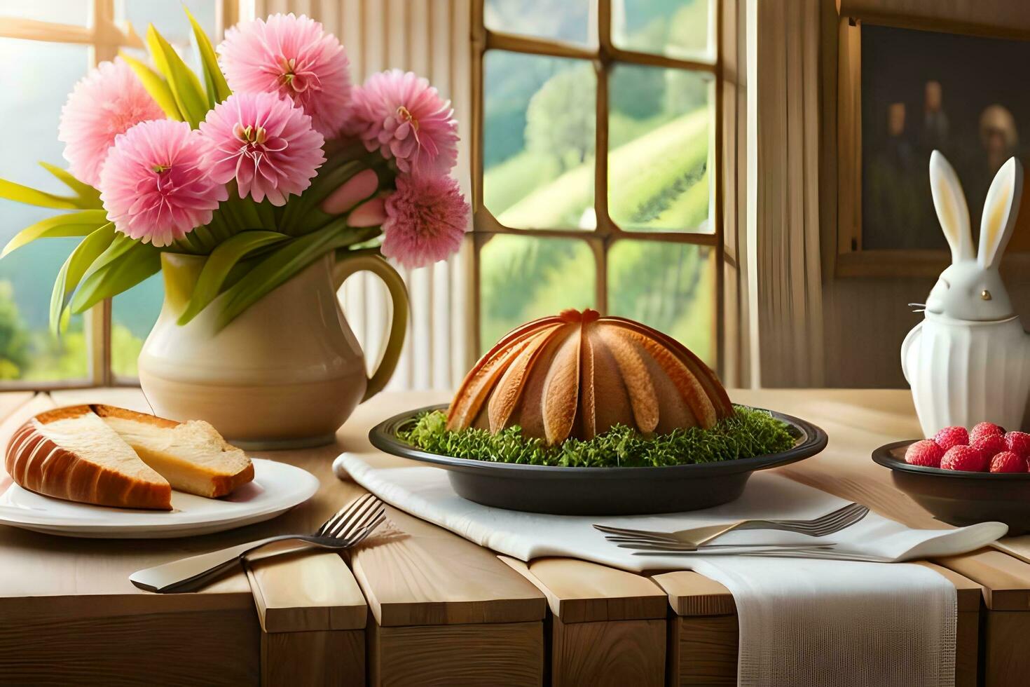 a table with a cake, a plate of fruit and a vase of flowers. AI-Generated photo