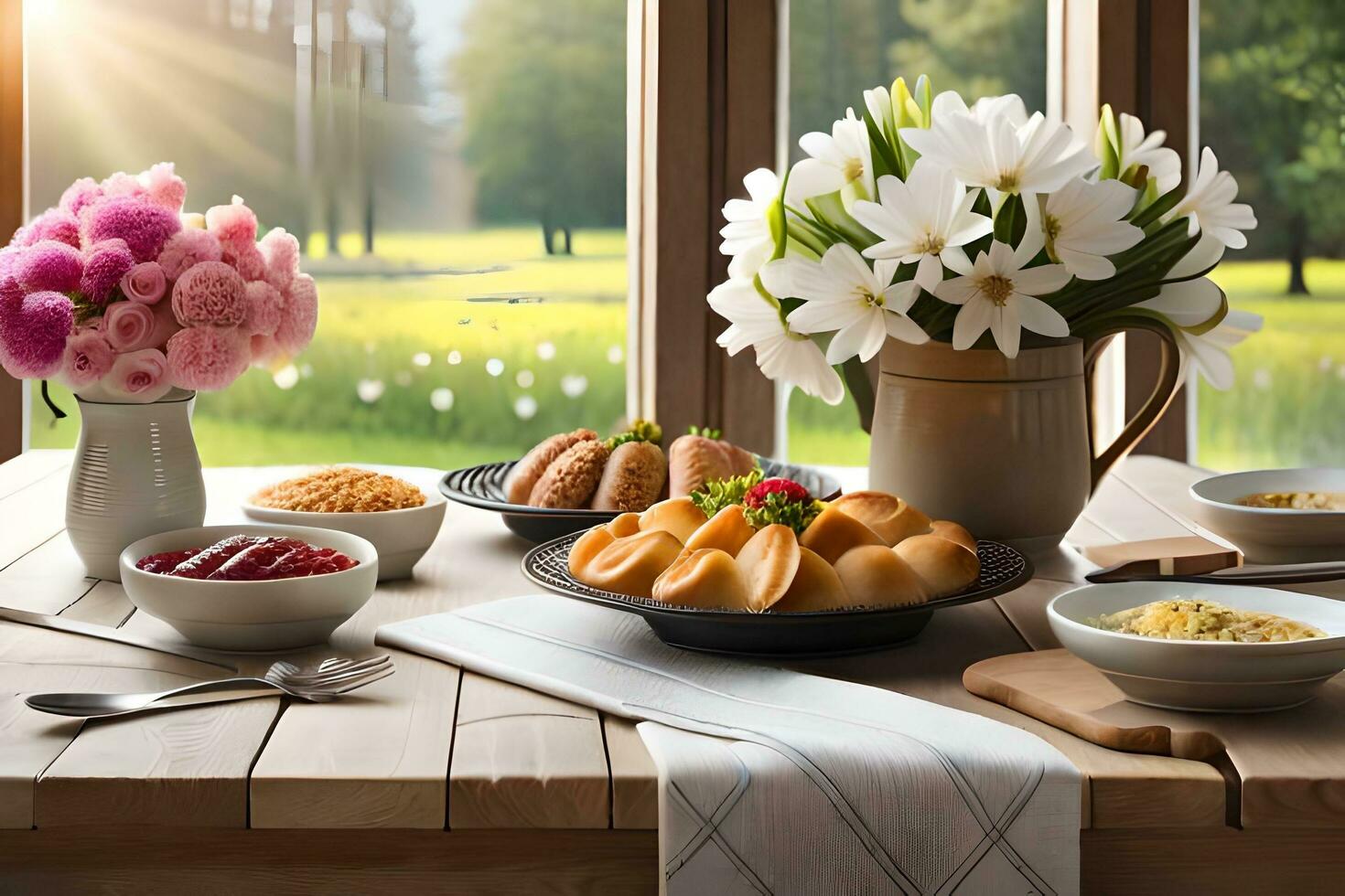 un mesa con comida y flores en él. generado por ai foto