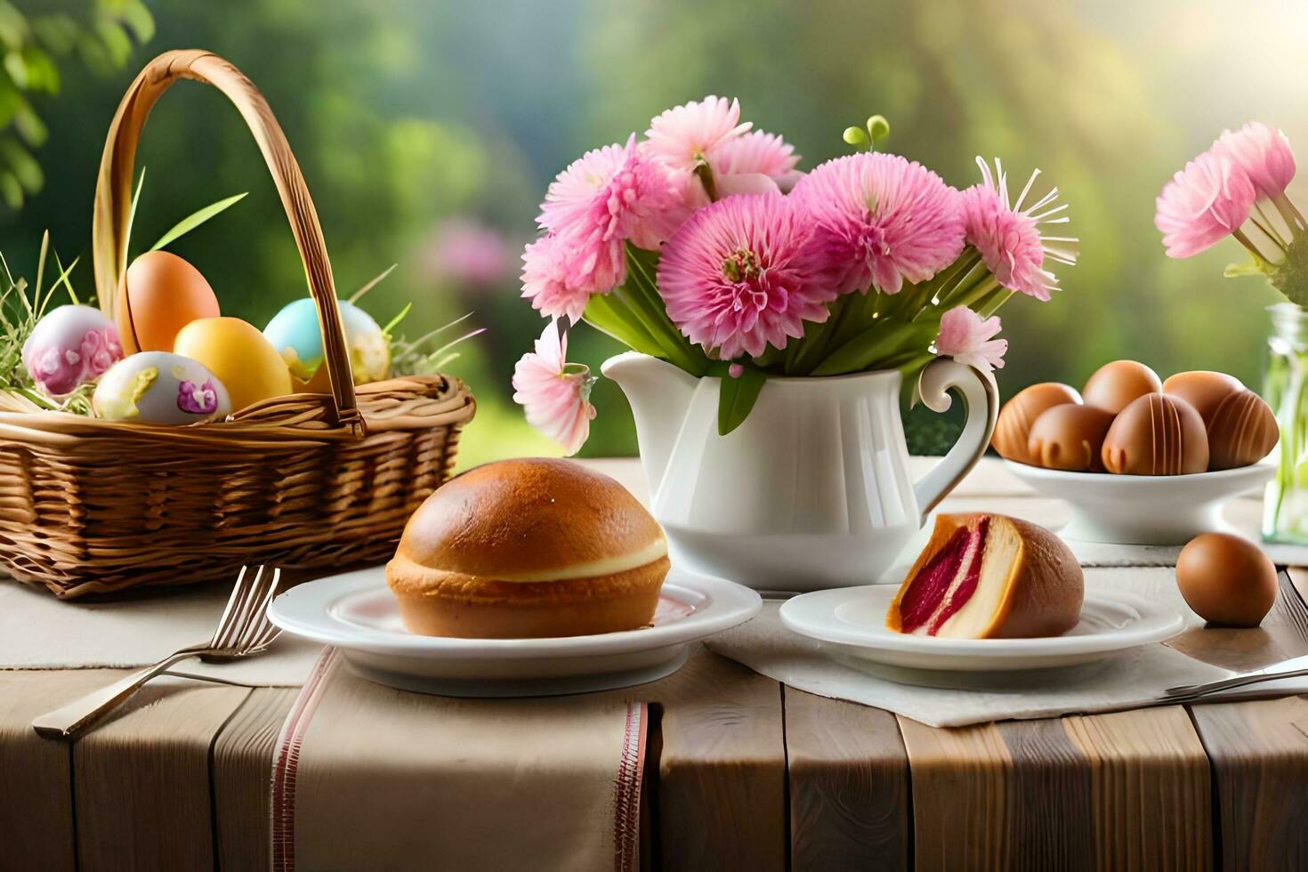 Pascua de Resurrección desayuno con flores y huevos. generado por ai foto