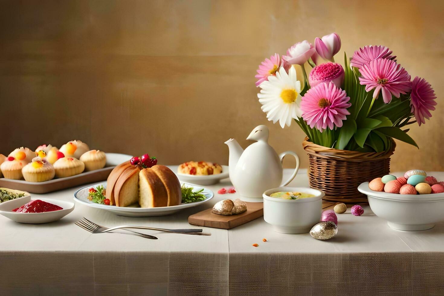 a table with cakes, cookies and flowers. AI-Generated photo