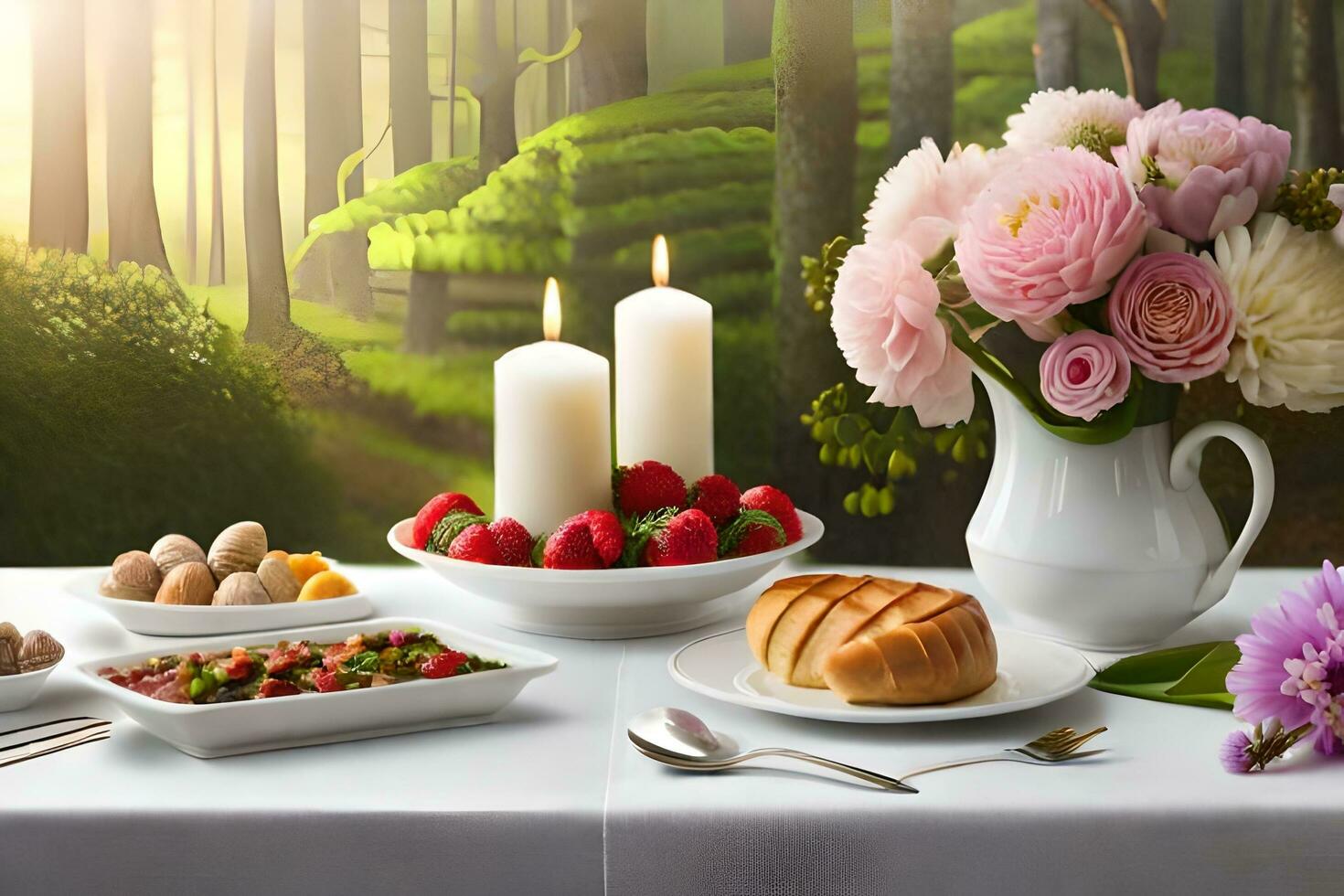 un mesa con flores, pan, y fruta. generado por ai foto