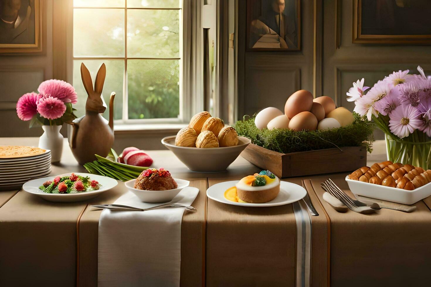 a table set with plates of food and flowers. AI-Generated photo