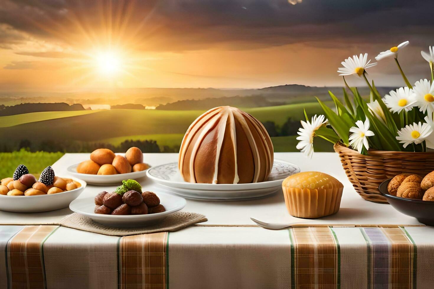 un mesa con un cesta de comida y flores generado por ai foto