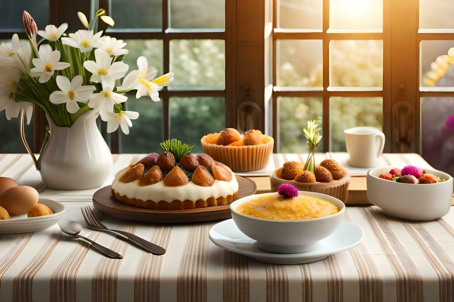 un mesa con un pastel, huevos, y otro alimento. generado por ai foto