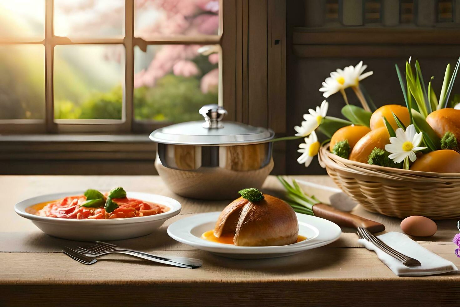 un mesa con comida y flores en él. generado por ai foto