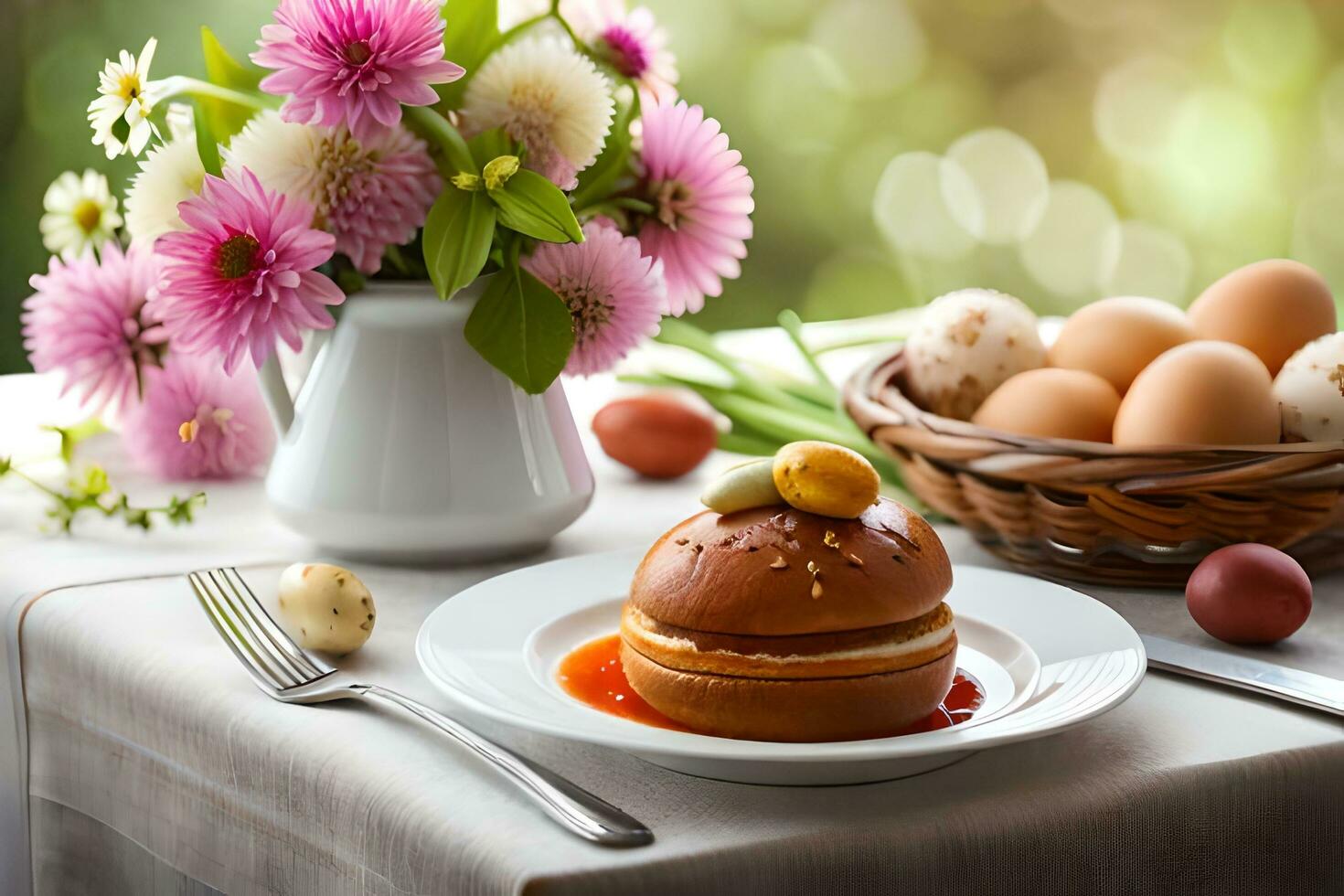 easter breakfast with eggs, bread and flowers. AI-Generated photo