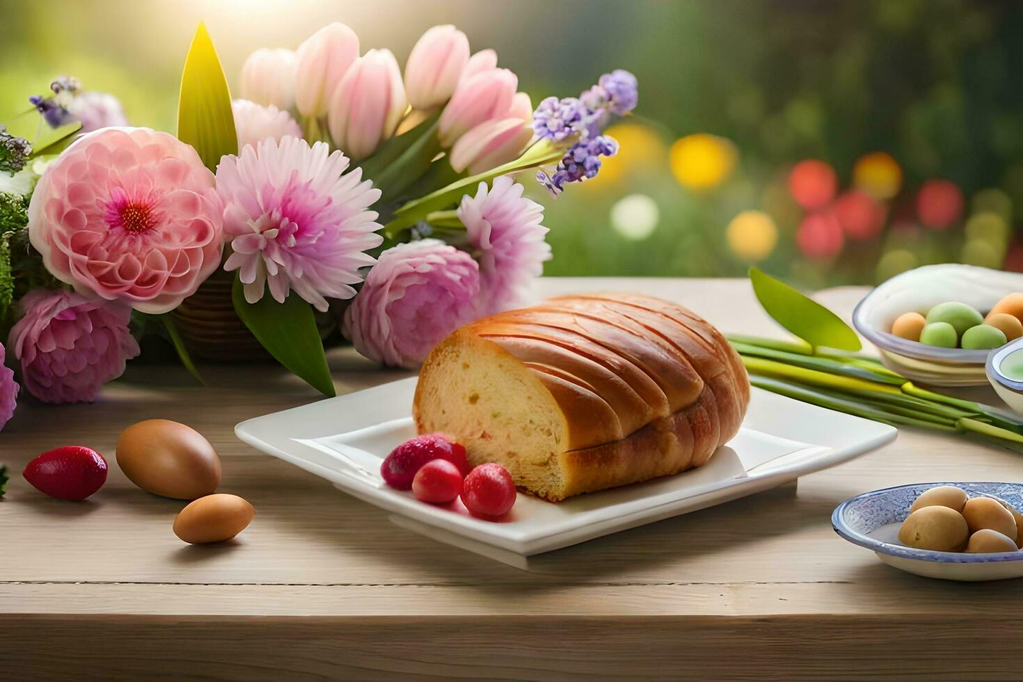 a loaf of bread, eggs and flowers on a table. AIGenerated 32446528