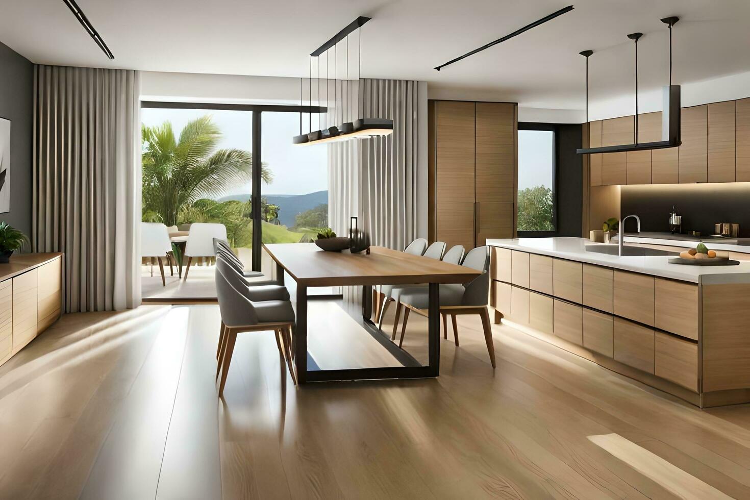 modern kitchen with wooden floors and modern furniture. AI-Generated photo