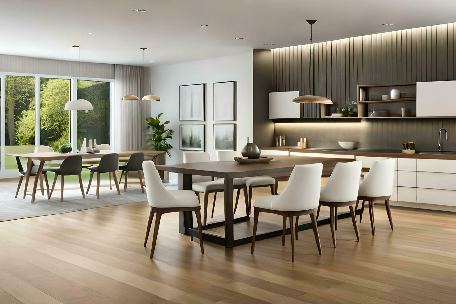 un moderno cocina y comida habitación con de madera pisos generado por ai foto
