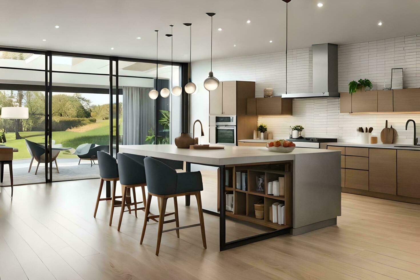 a modern kitchen with wooden floors and a large island. AI-Generated photo