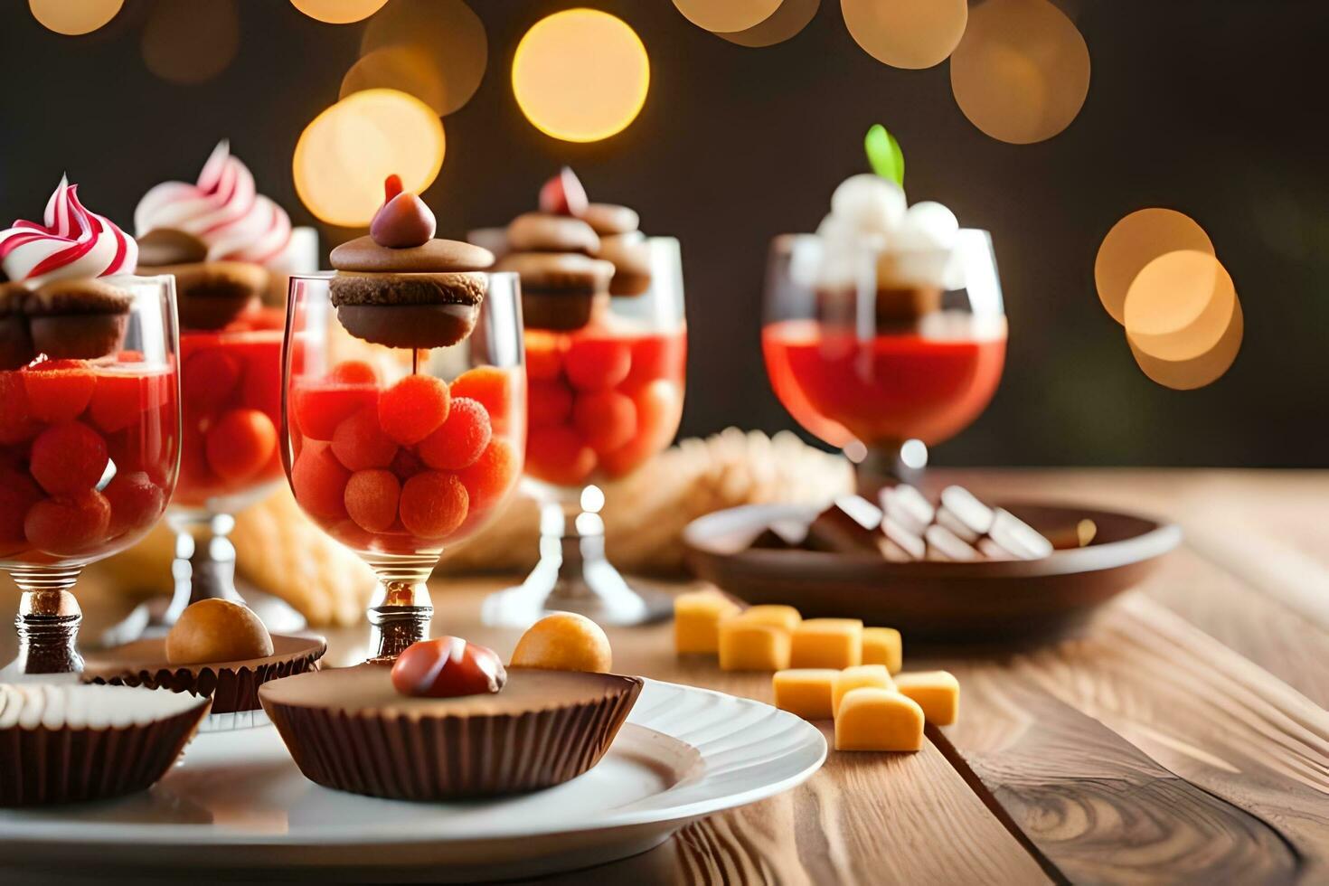a table with several desserts and drinks. AI-Generated photo