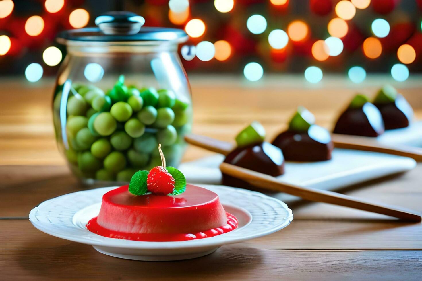 a dessert on a plate with a green fruit. AI-Generated photo