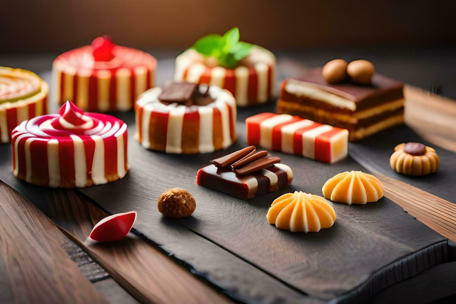 assortment of cakes on wooden table. AI-Generated photo