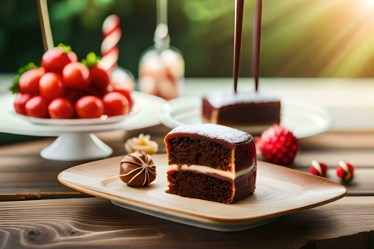 a piece of chocolate cake on a plate with strawberries and cherries. AI-Generated photo