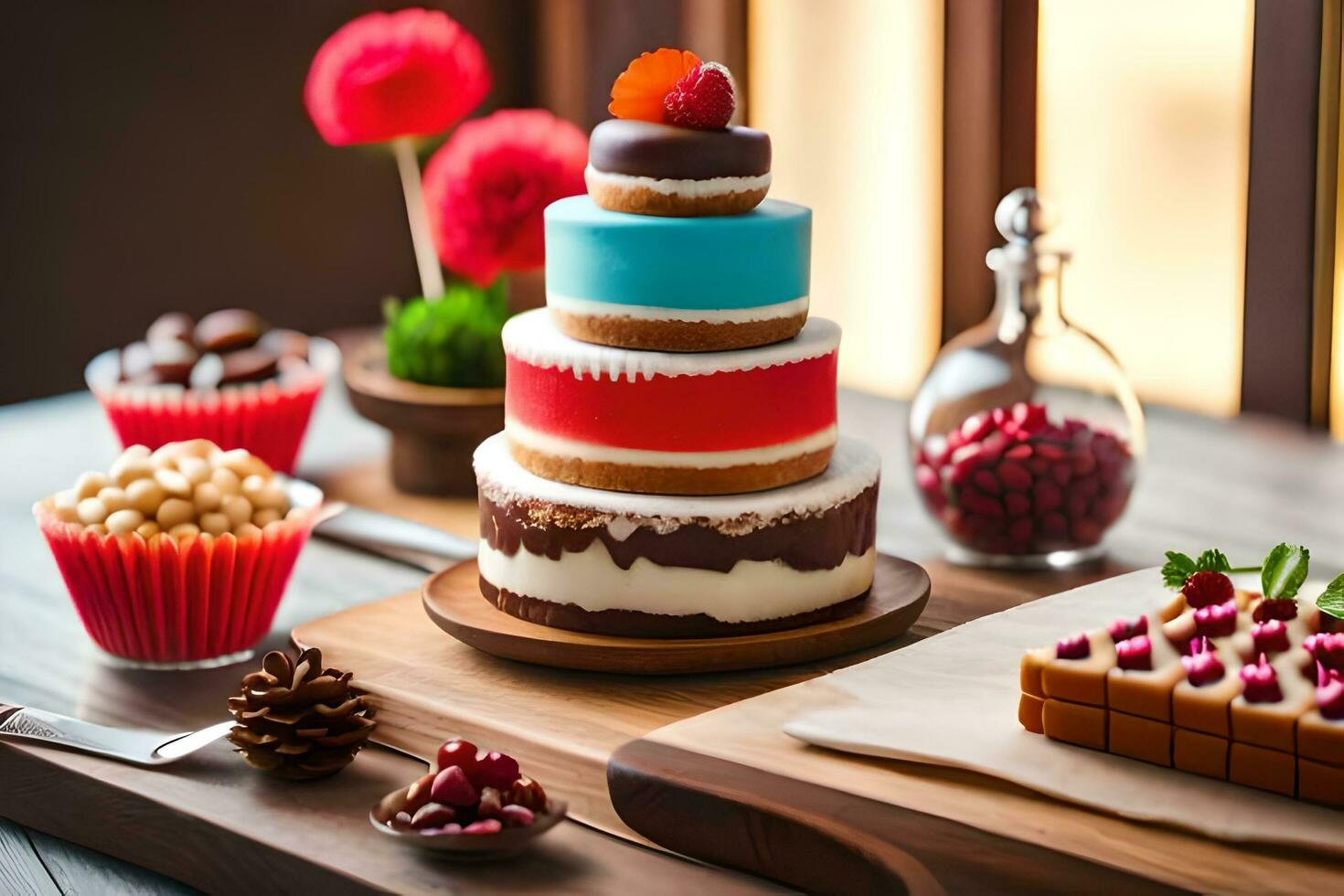 a cake, cupcakes and other desserts on a table. AI-Generated photo