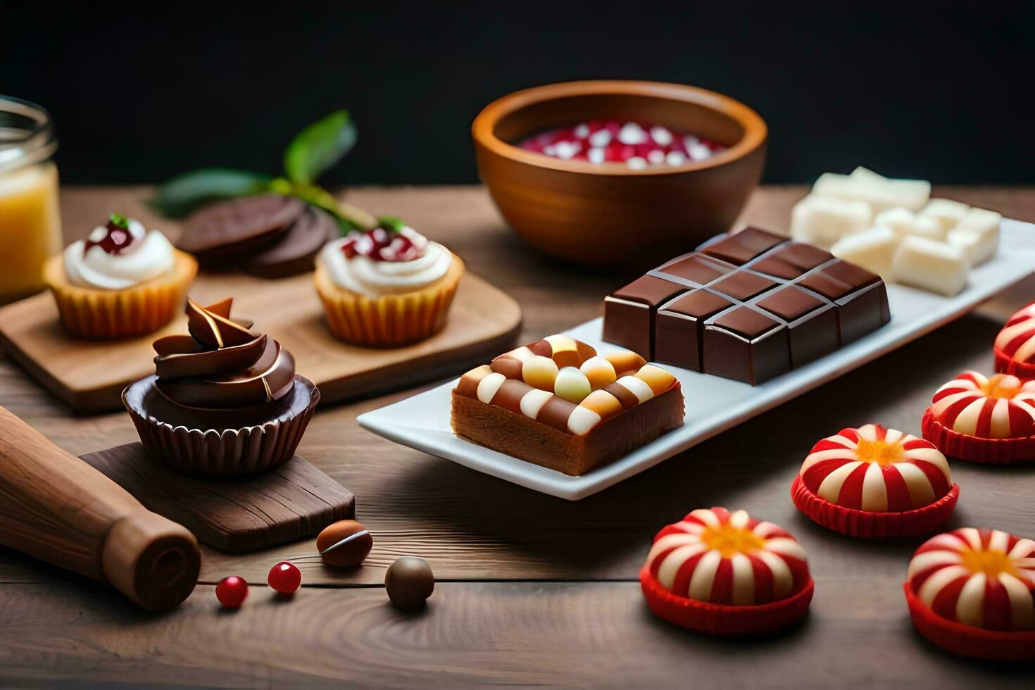 various types of chocolates and desserts on a table. AI-Generated photo