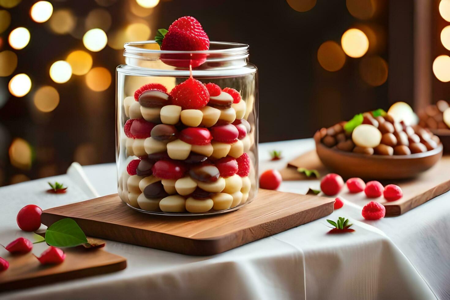 a jar filled with strawberries and chocolate covered almonds. AI-Generated photo