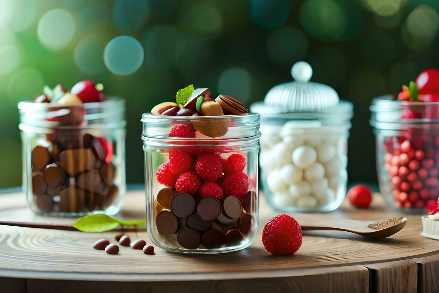 Tres frascos con diferente tipos de chocolate y bayas. generado por ai foto