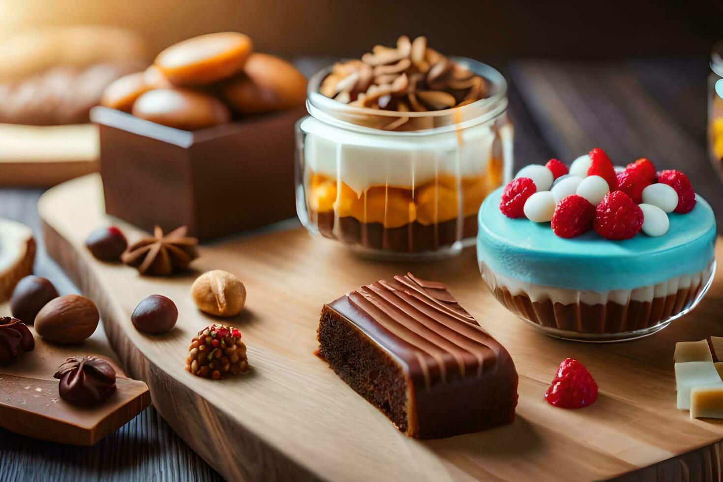 various desserts in glass jars on a wooden table. AI-Generated photo