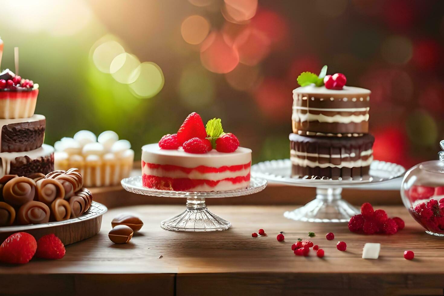 various cakes and desserts on a table. AI-Generated photo