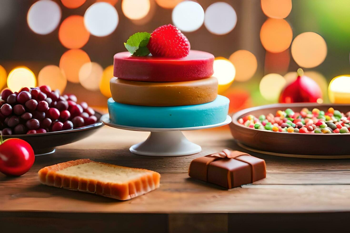 colorful cakes and fruit on a table. AI-Generated photo