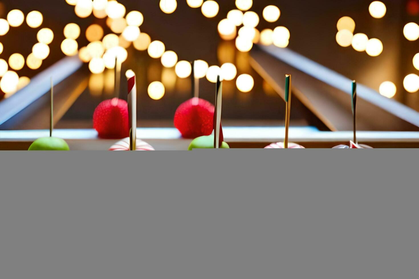a table with several apples on sticks. AI-Generated photo
