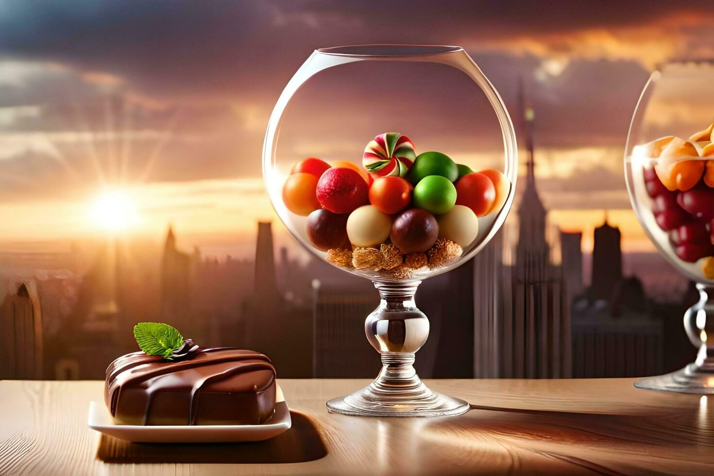 two glasses with fruit and chocolate on a table. AI-Generated photo
