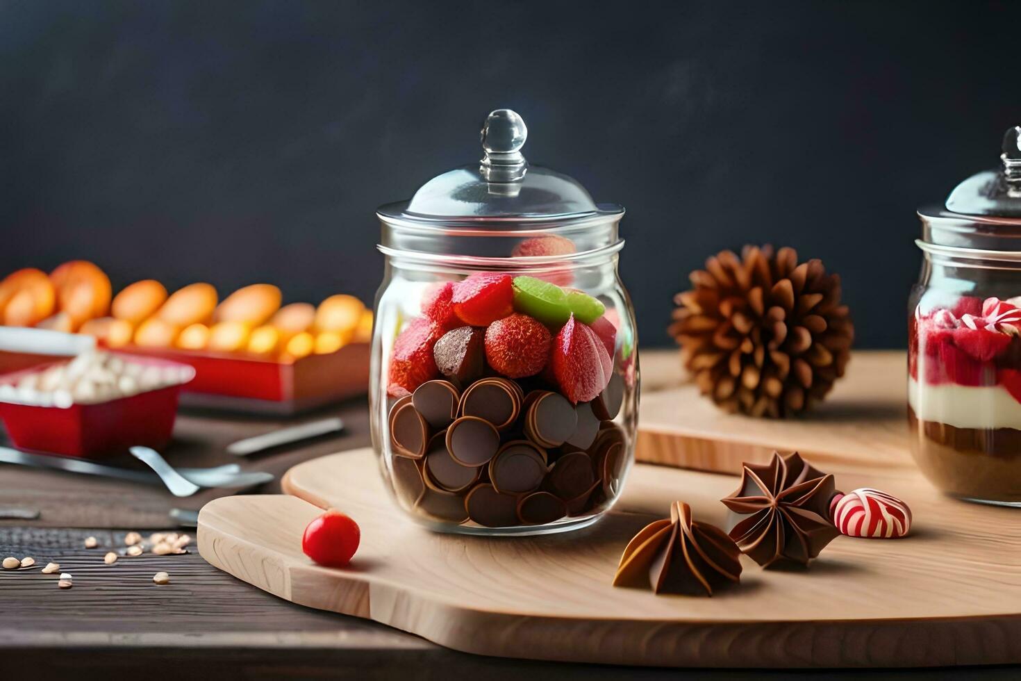 two jars with chocolate and fruit on a wooden table. AI-Generated photo