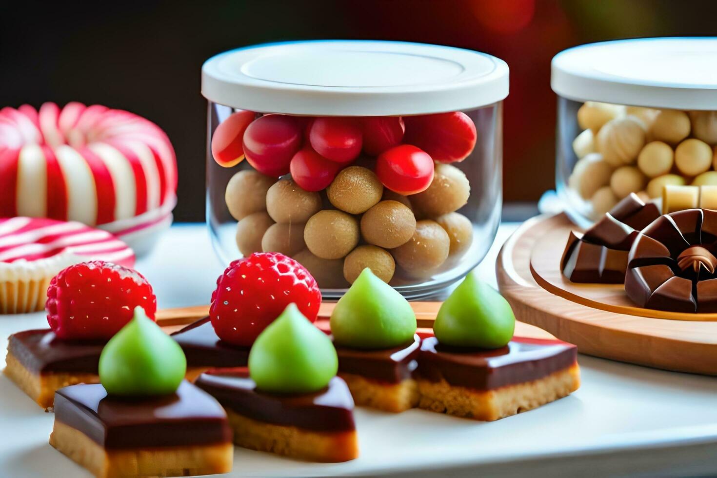 various desserts in jars on a table. AI-Generated photo