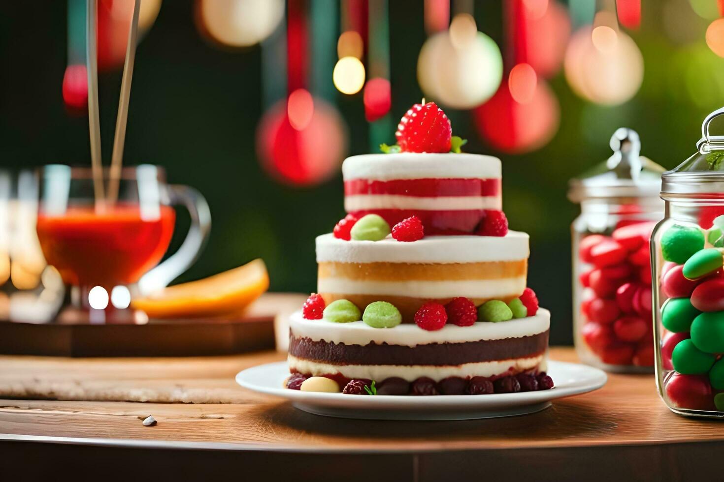 a cake with fruit and candy on a table. AI-Generated photo