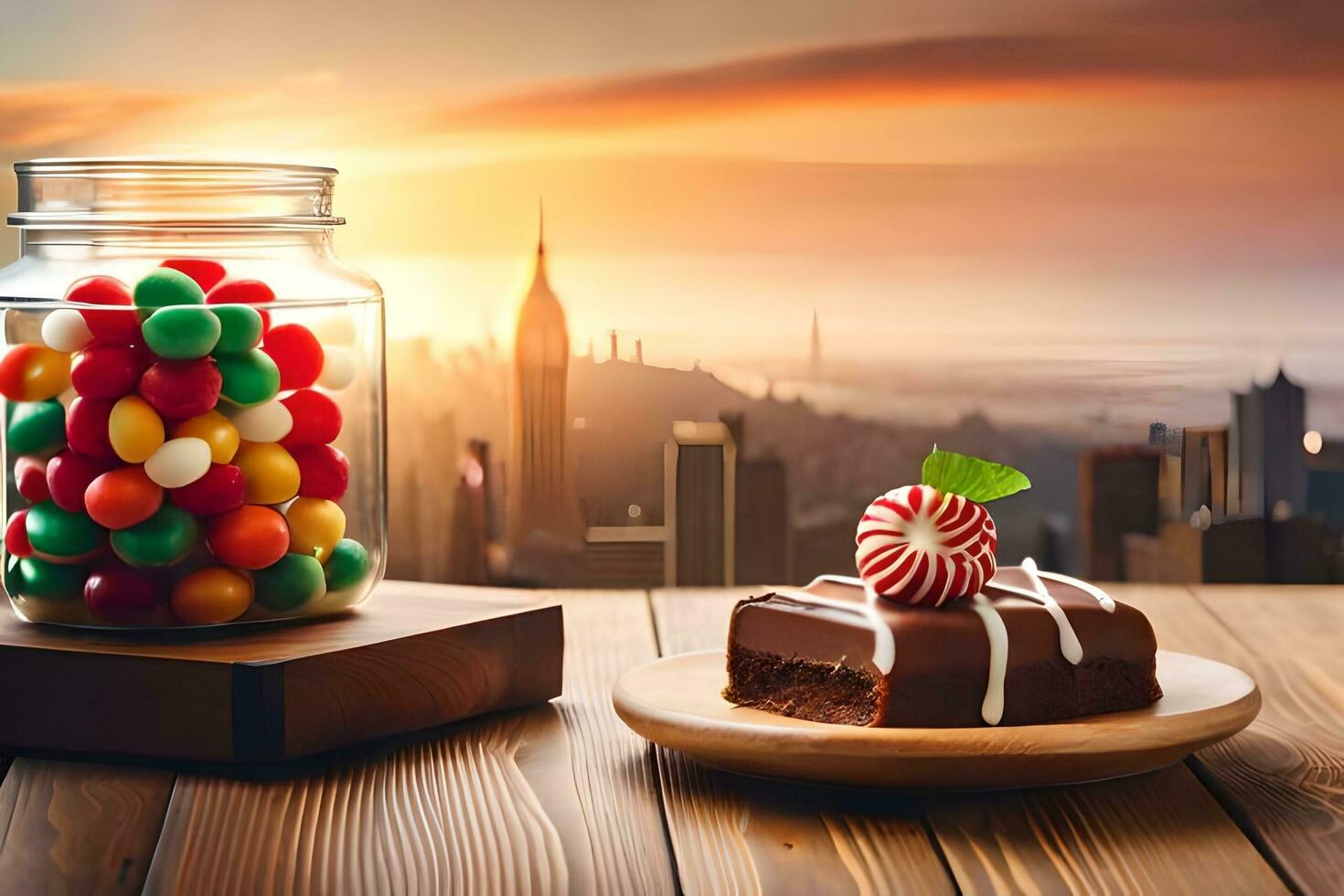 chocolate cake and candies on table with city view. AI-Generated photo